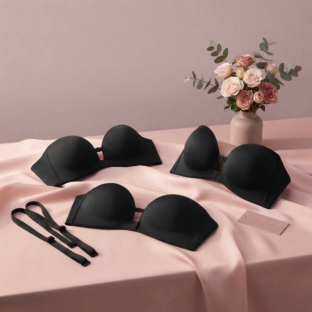 Three convertible strapless push-up bras arranged on blush silk fabric with a pale mauve backdrop and floral accents.