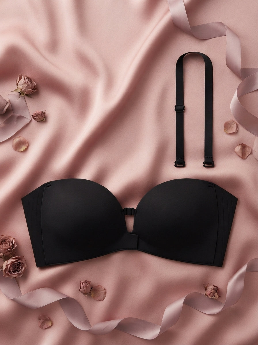 A premium convertible strapless push-up bra with front closure displayed on a blush pink silk fabric with rose floral accents
